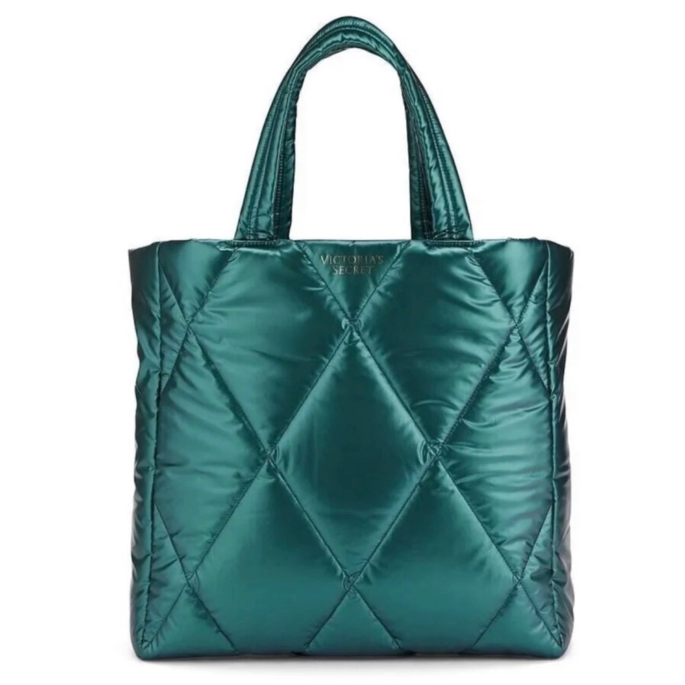 Victoria’s Secret 2022 Large Quilted Puffer Green Teal Metallic Tote Bag